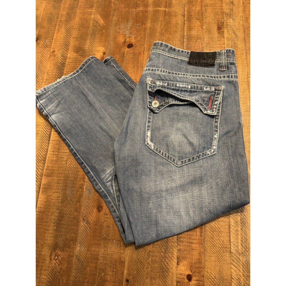 VTG Clench Jeans Mens 42x32 Blue Baggy Skater Streetwear Denim Embroidered Y2K